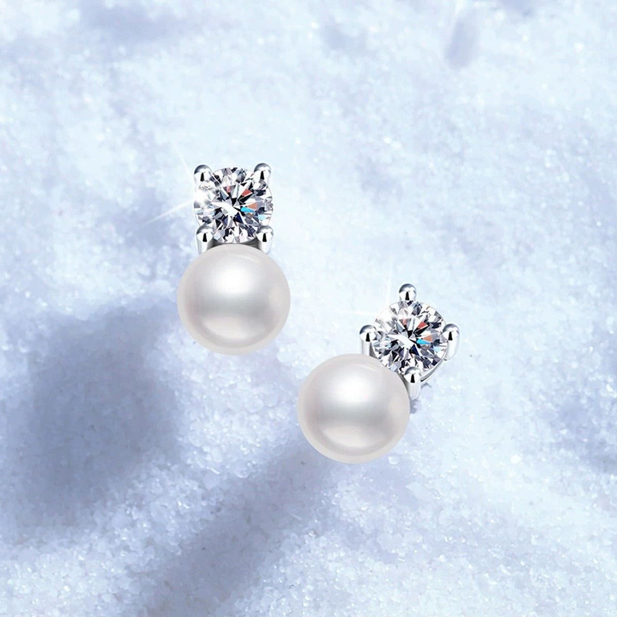 Square Moissanite Pearl Stud Earrings in White Gold-Plated S925 Sterling Silver blue scene product view