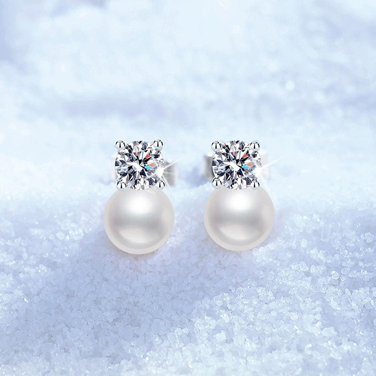 Square Moissanite Pearl Stud Earrings in White Gold-Plated S925 Sterling Silver blue scene angled view