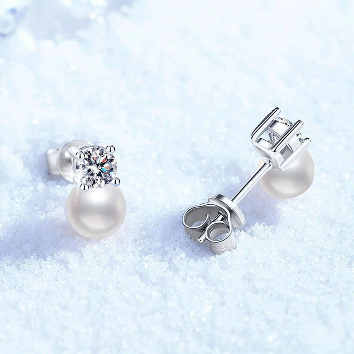 Square Moissanite Pearl Stud Earrings in White Gold-Plated S925 Sterling Silver close-up product detail view