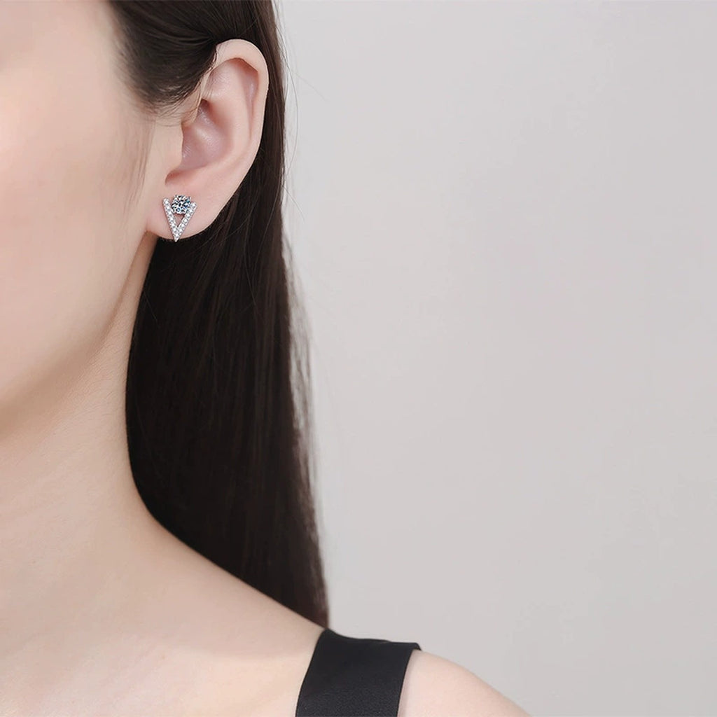 V Shape Moissanite Stud Earrings with CZ in White Gold-Plated S925 Silver worn on ear by model