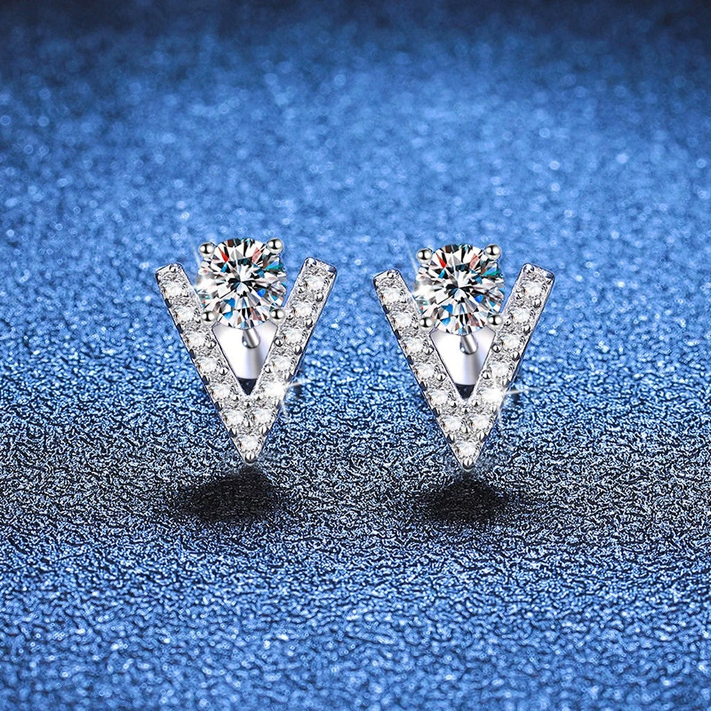 V Shape Moissanite Stud Earrings with CZ in White Gold-Plated S925 Silver blue scene product view