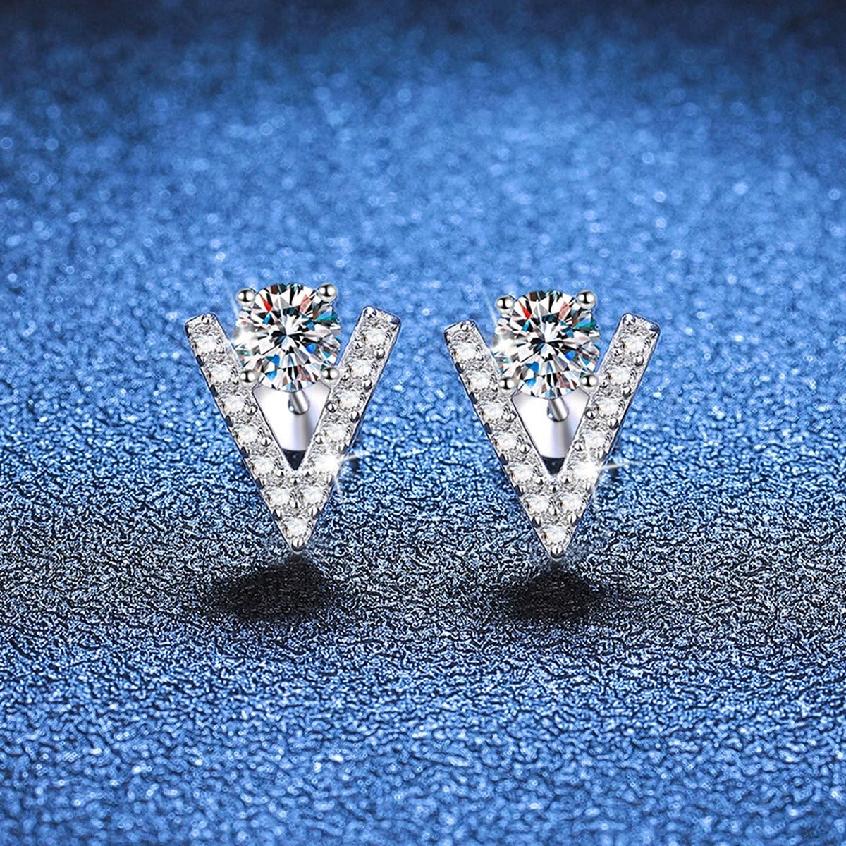 V Shape Moissanite Stud Earrings with CZ in White Gold-Plated S925 Silver blue scene product view