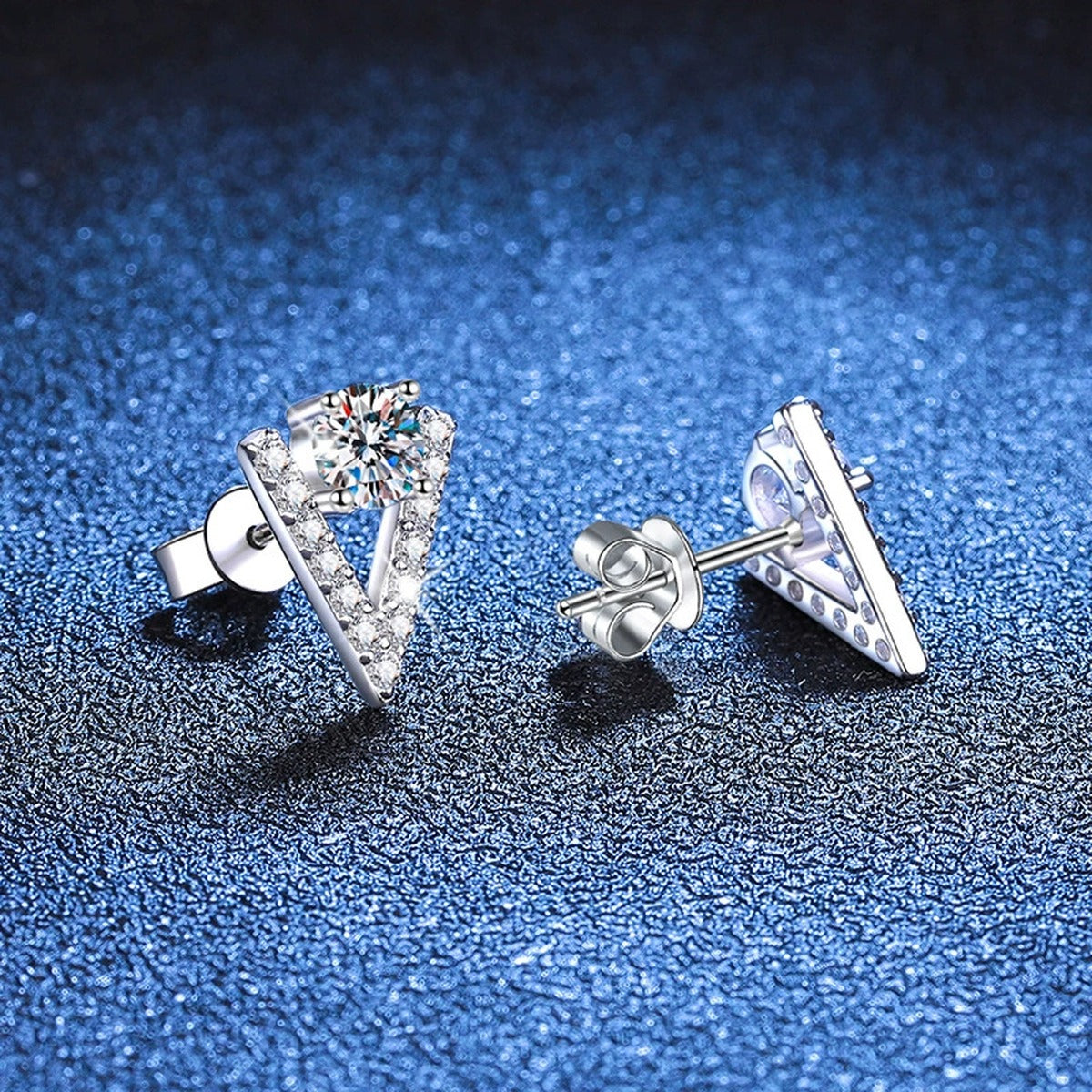 V Shape Moissanite Stud Earrings with CZ in White Gold-Plated S925 Silver blue scene angled view