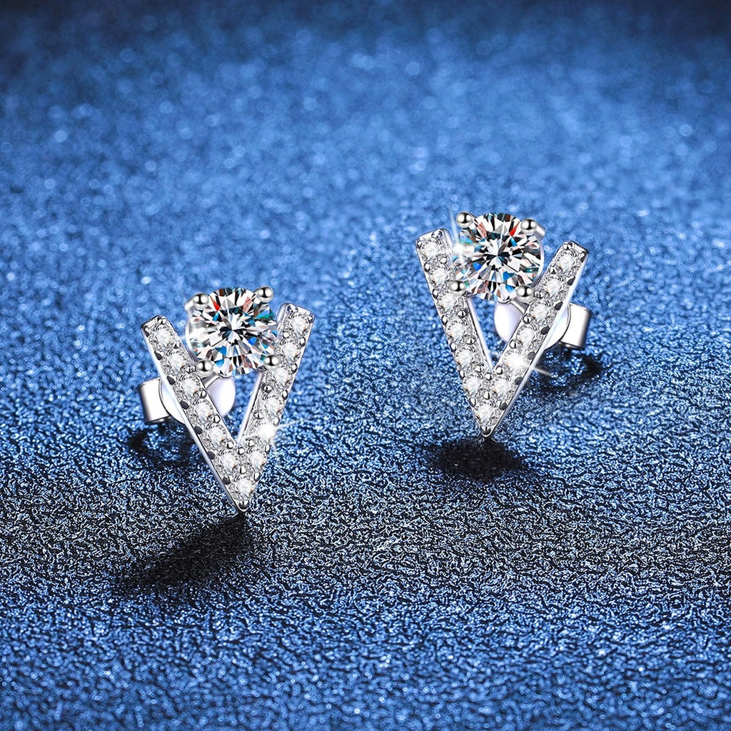 V Shape Moissanite Stud Earrings with CZ in White Gold-Plated S925 Silver blue scene close-up view