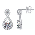 Teardrop Moissanite Drop Earrings with CZ in White Gold-Plated S925 on clean white background showing teardrop-shaped earrings with a round moissanite cluster