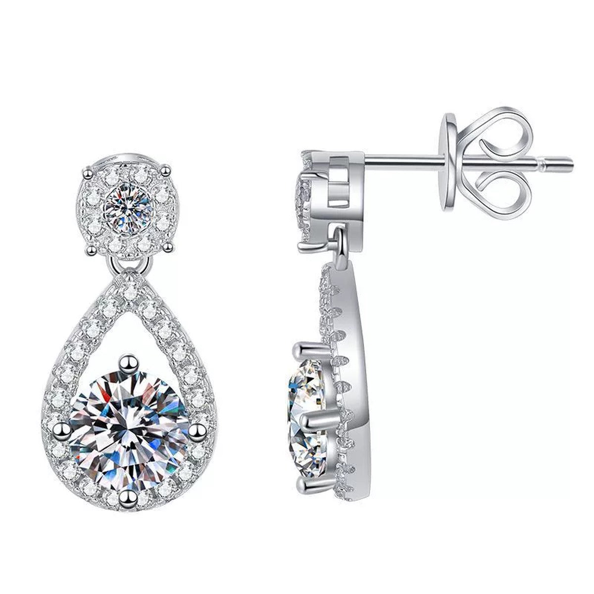 Teardrop Moissanite Drop Earrings with CZ in White Gold-Plated S925 on clean white background showing teardrop-shaped earrings with a round moissanite cluster