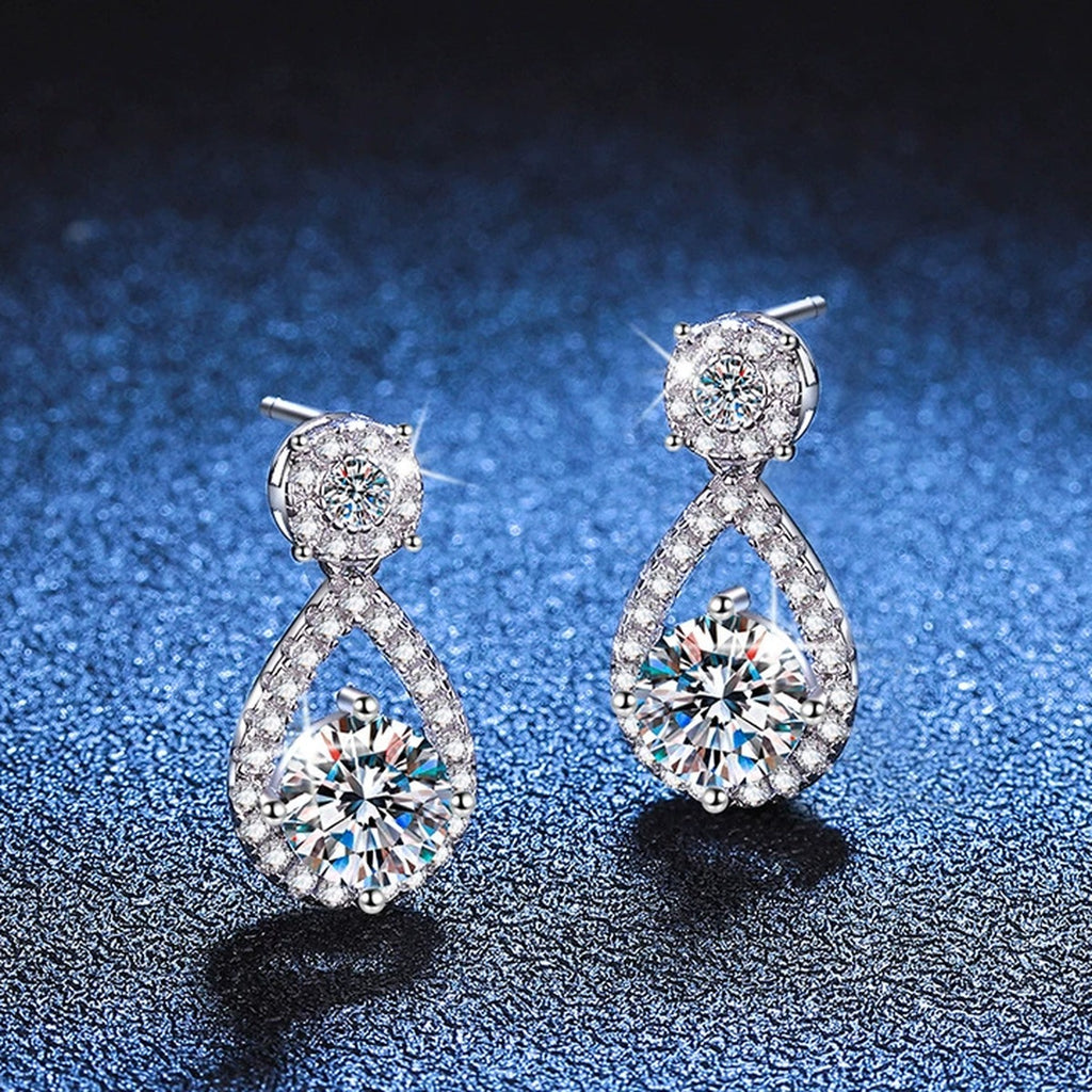 Teardrop Moissanite Drop Earrings with CZ in White Gold-Plated S925 blue scene product view
