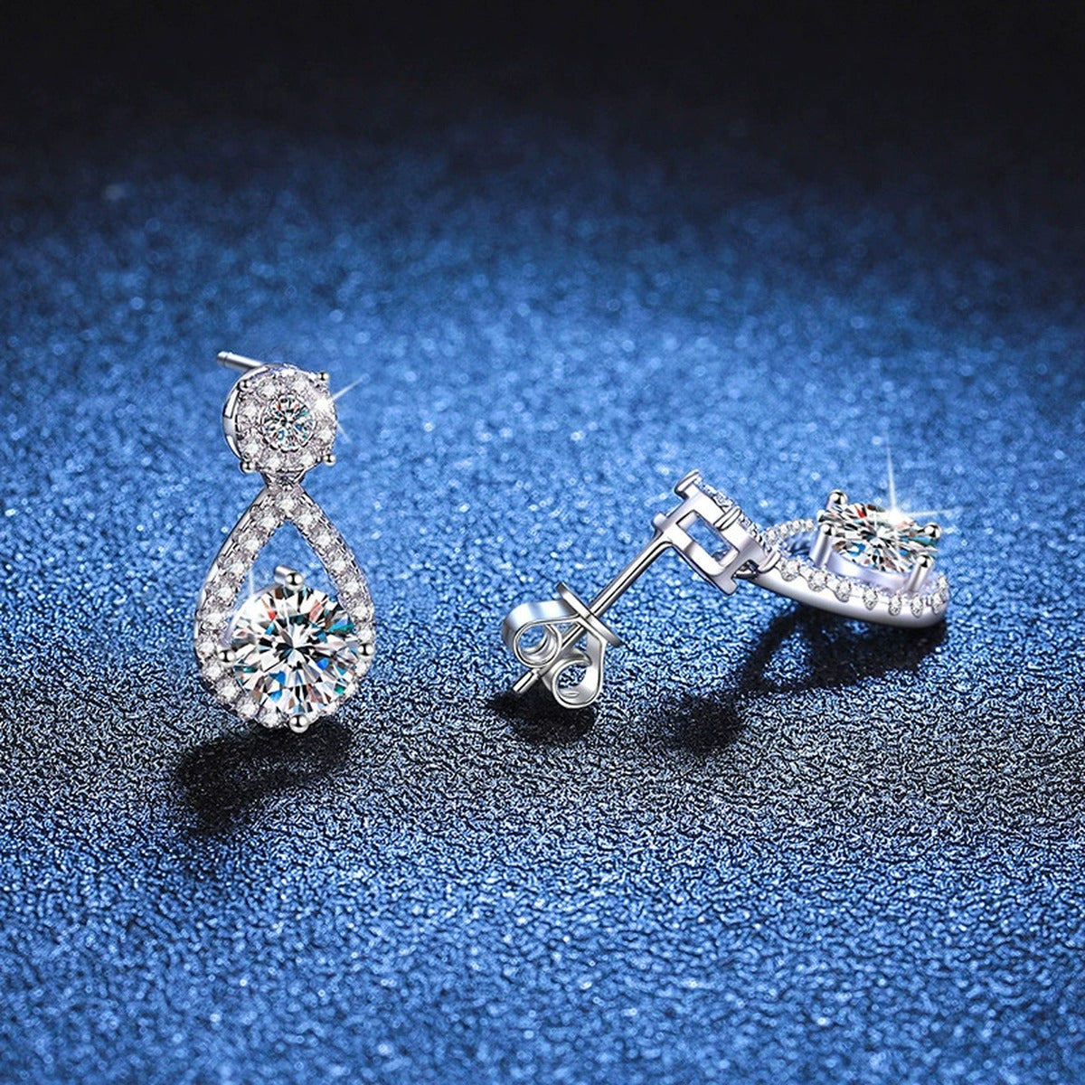Teardrop Moissanite Drop Earrings with CZ in White Gold-Plated S925 blue scene close-up view