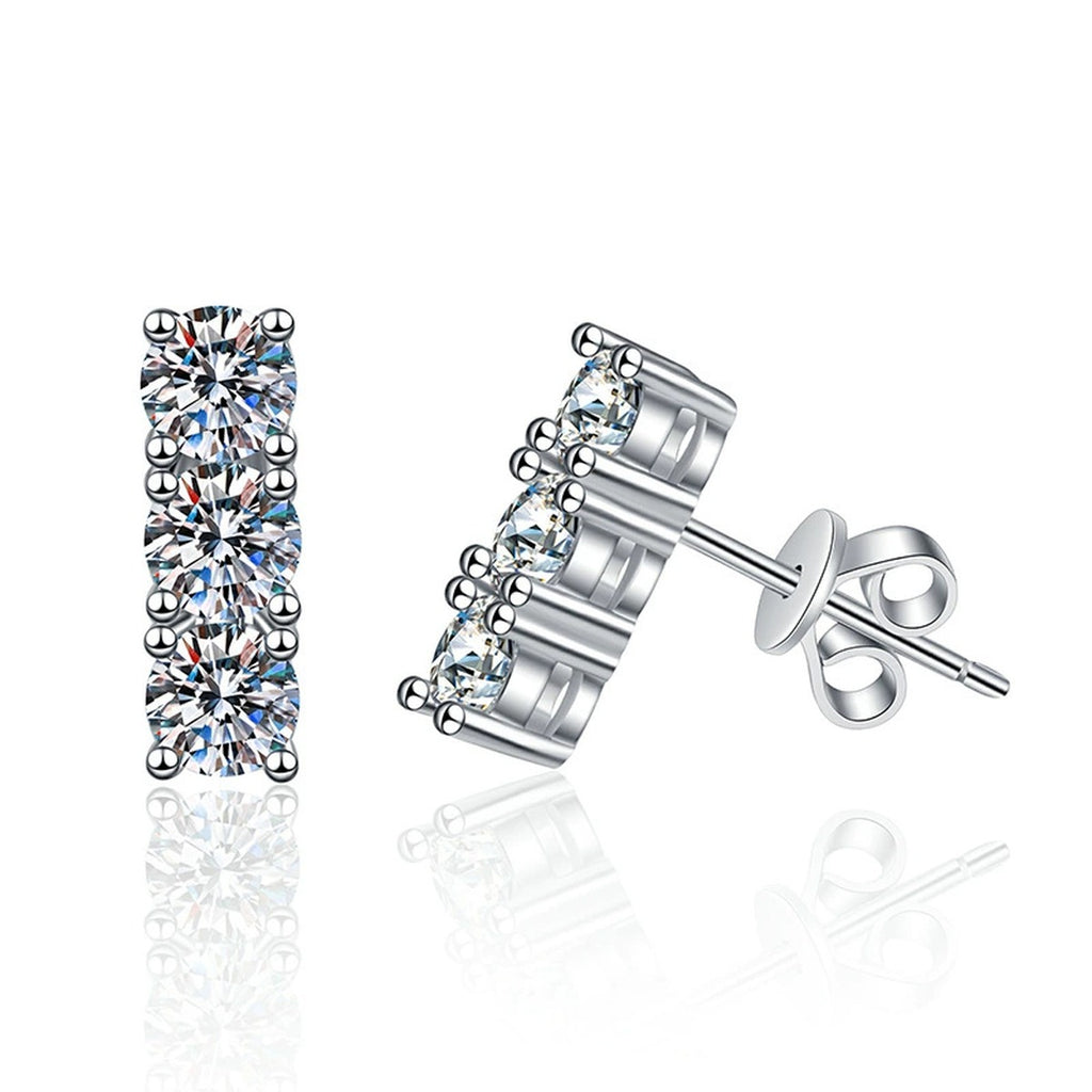 Pave Bar Moissanite Stud Earrings in White Gold-Plated S925 Silver on clean white background showing slim pave bar stud earrings with a clean vertical profile