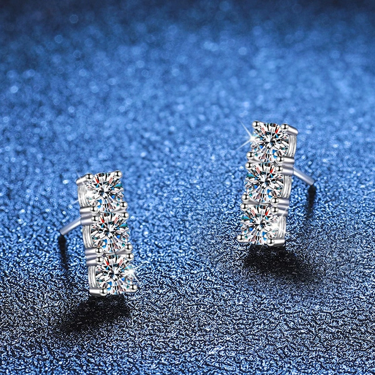 Pave Bar Moissanite Stud Earrings in White Gold-Plated S925 Silver blue scene close-up view