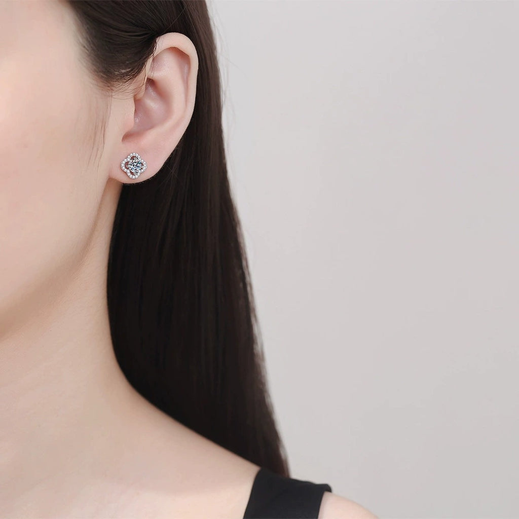 Round Cluster Moissanite Stud Earrings with CZ in Gold-Plated S925 Silver worn on ear by model