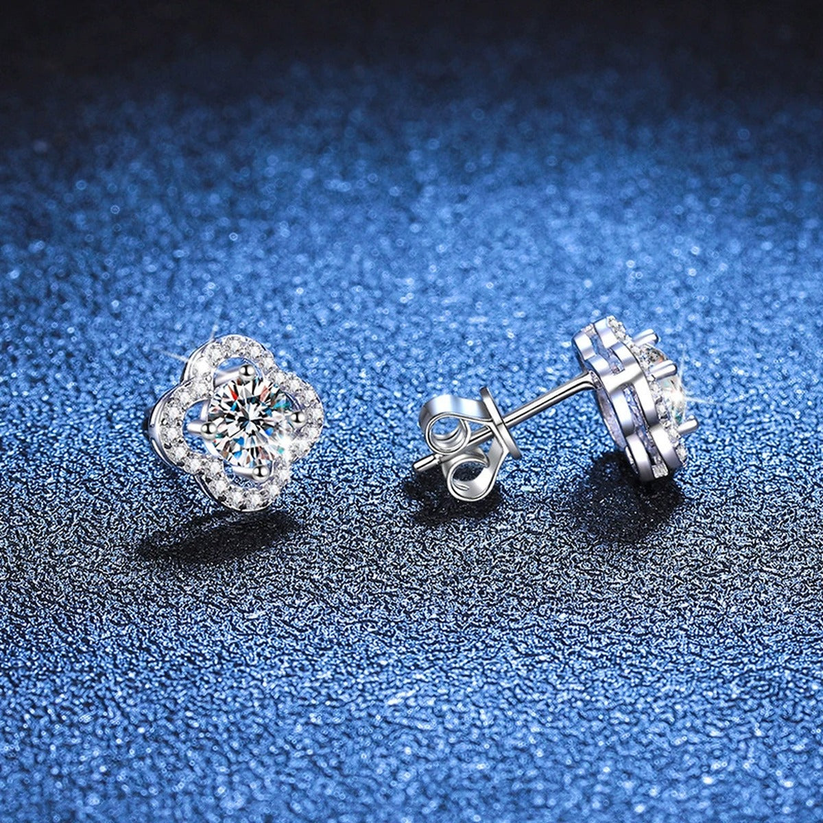Round Cluster Moissanite Stud Earrings with CZ in Gold-Plated S925 Silver blue scene angled view