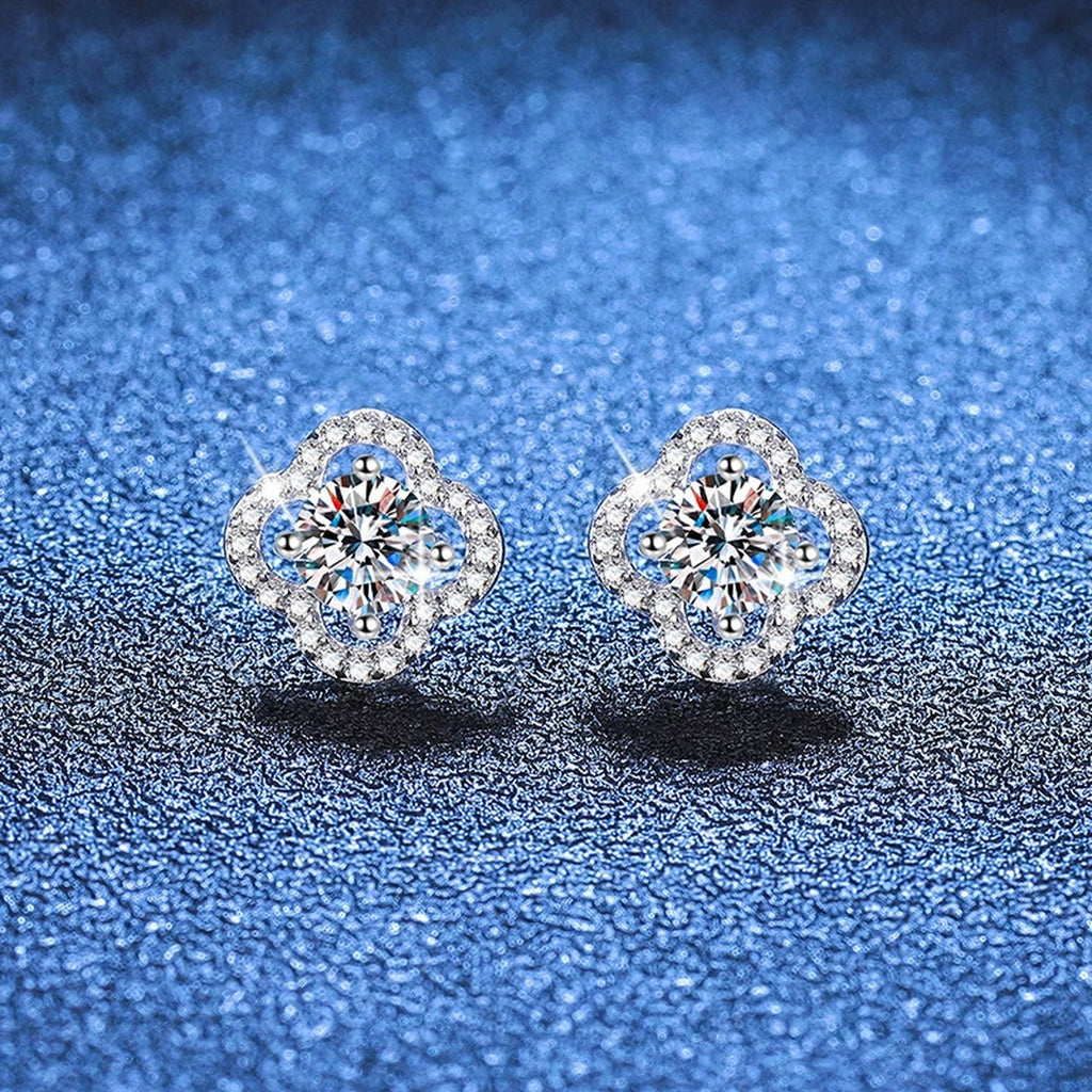 Round Cluster Moissanite Stud Earrings with CZ in Gold-Plated S925 Silver blue scene close-up view