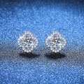 Round Cluster Moissanite Stud Earrings with CZ in Gold-Plated S925 Silver blue scene close-up view