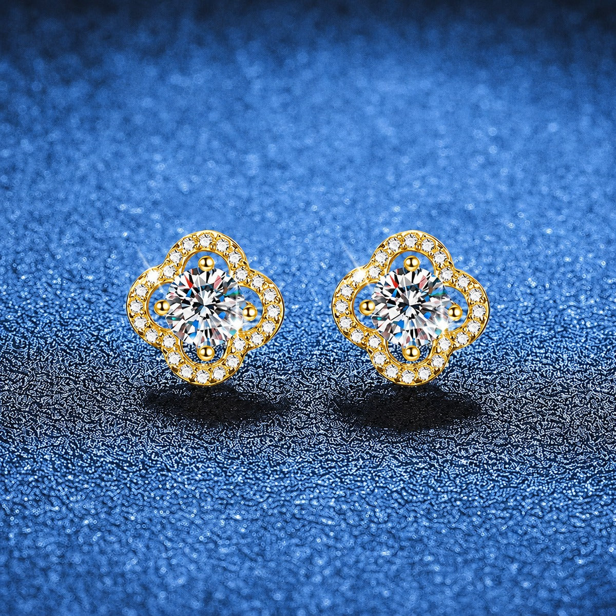 Round Cluster Moissanite Stud Earrings with CZ in Gold-Plated S925 Silver blue scene close-up view
