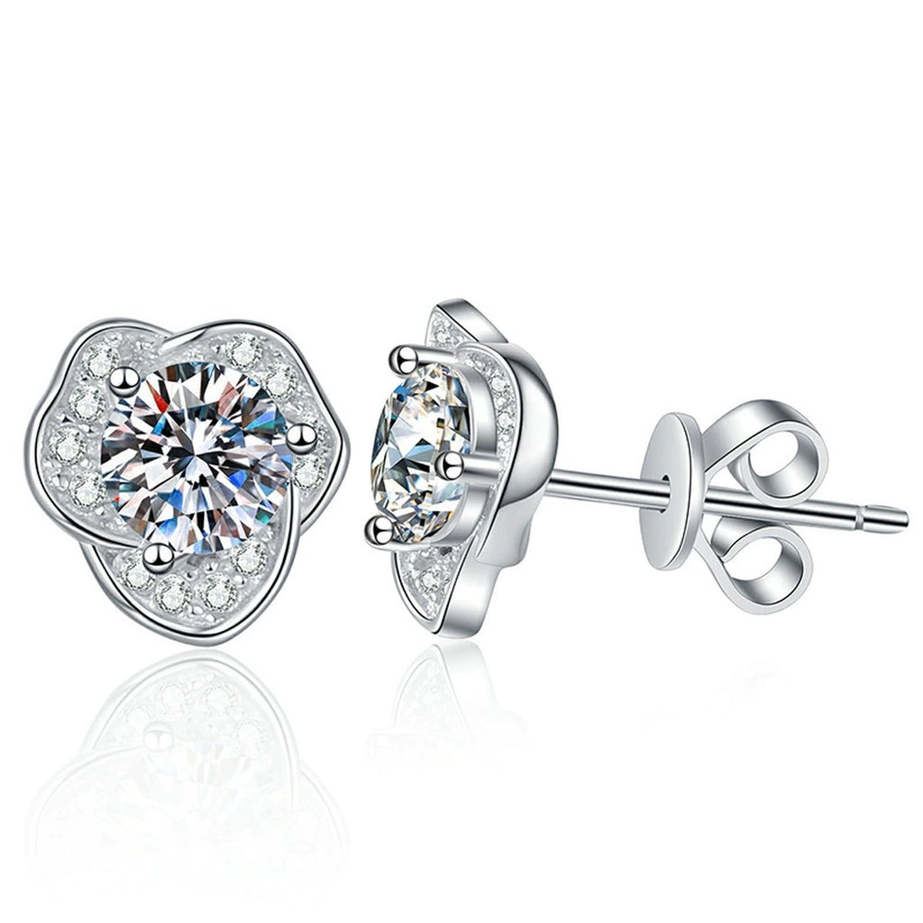 Round Moissanite Stud Earrings with CZ in White Gold-Plated S925 Silver on clean white background showing round moissanite stud earrings with a compact halo-like setting