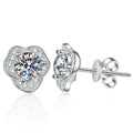 Round Moissanite Stud Earrings with CZ in White Gold-Plated S925 Silver on clean white background showing round moissanite stud earrings with a compact halo-like setting