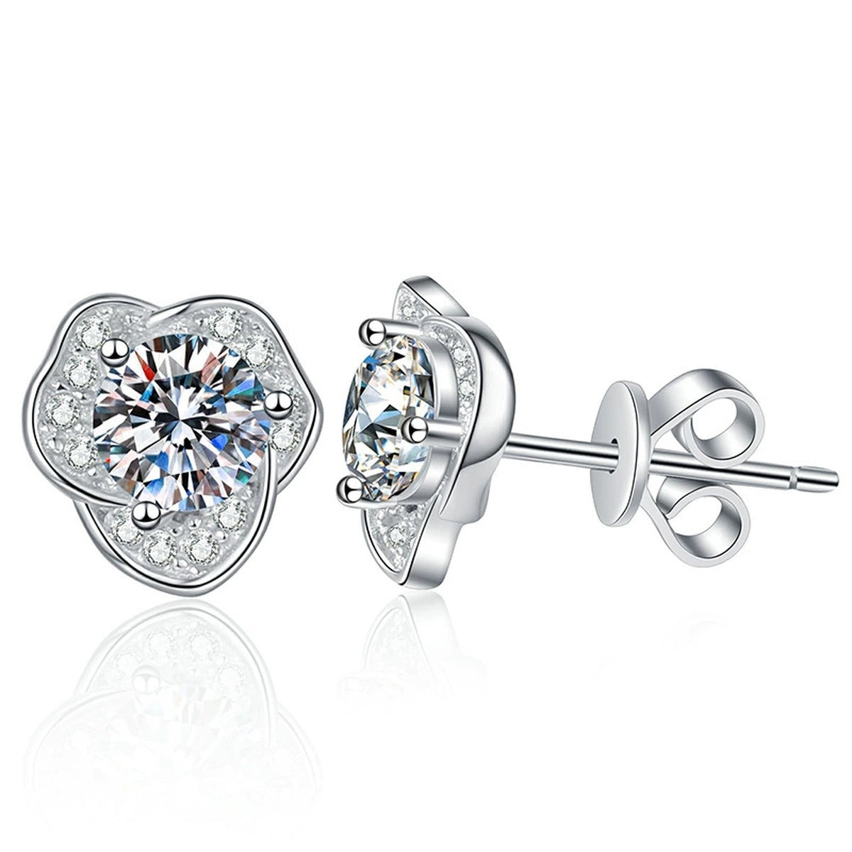 Round Moissanite Stud Earrings with CZ in White Gold-Plated S925 Silver on clean white background showing round moissanite stud earrings with a compact halo-like setting