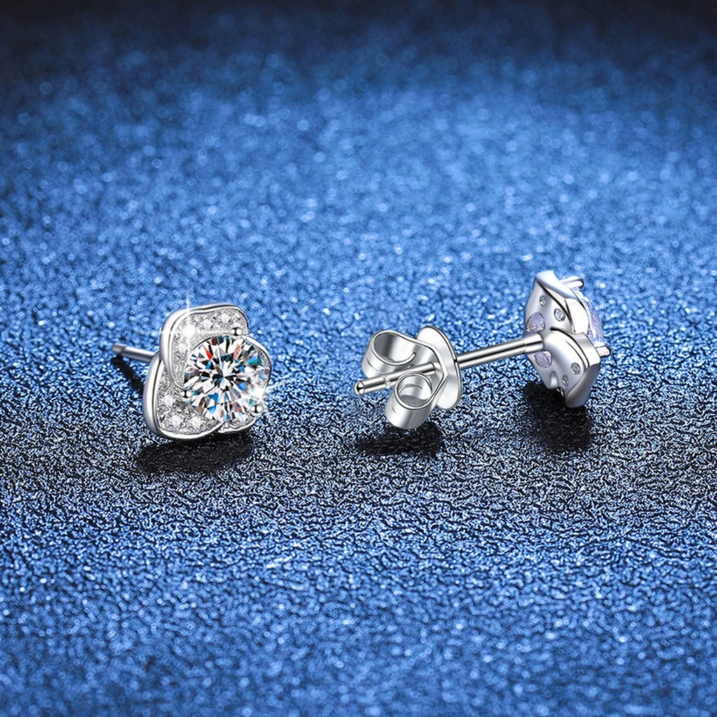 Round Moissanite Stud Earrings with CZ in White Gold-Plated S925 Silver blue scene product view