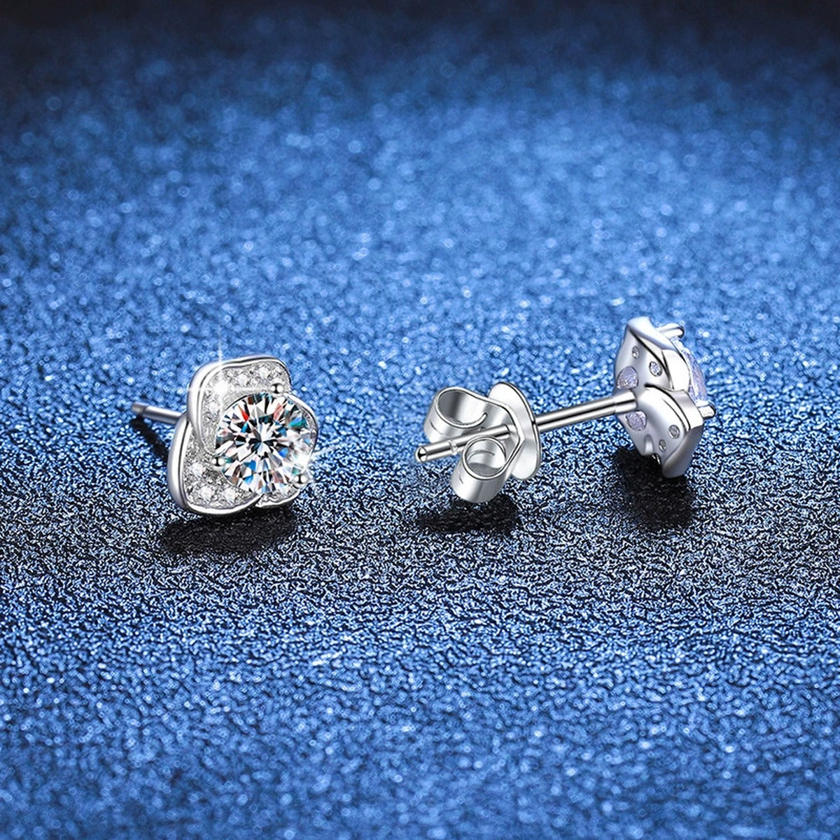 Round Moissanite Stud Earrings with CZ in White Gold-Plated S925 Silver blue scene product view