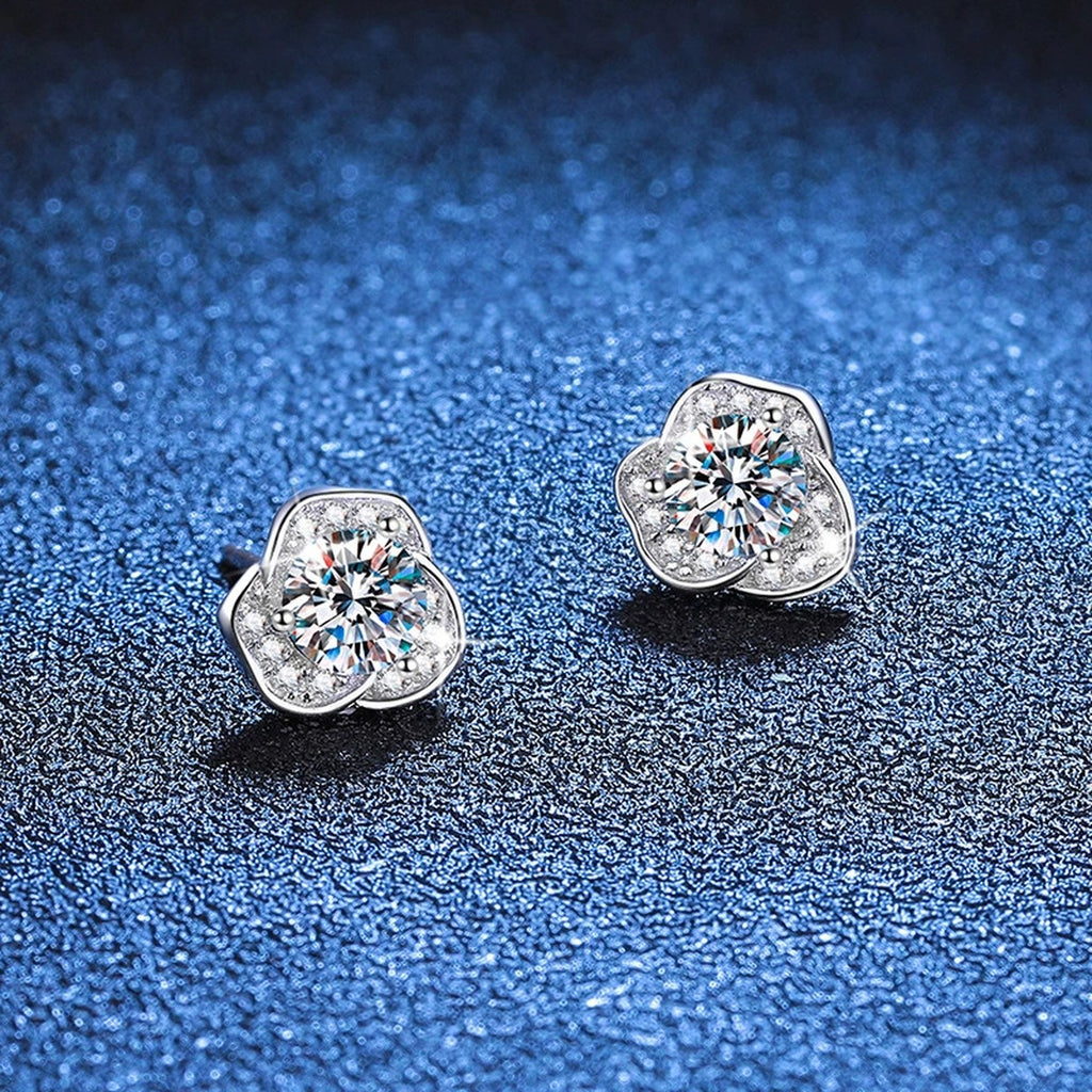 Round Moissanite Stud Earrings with CZ in White Gold-Plated S925 Silver blue scene close-up view