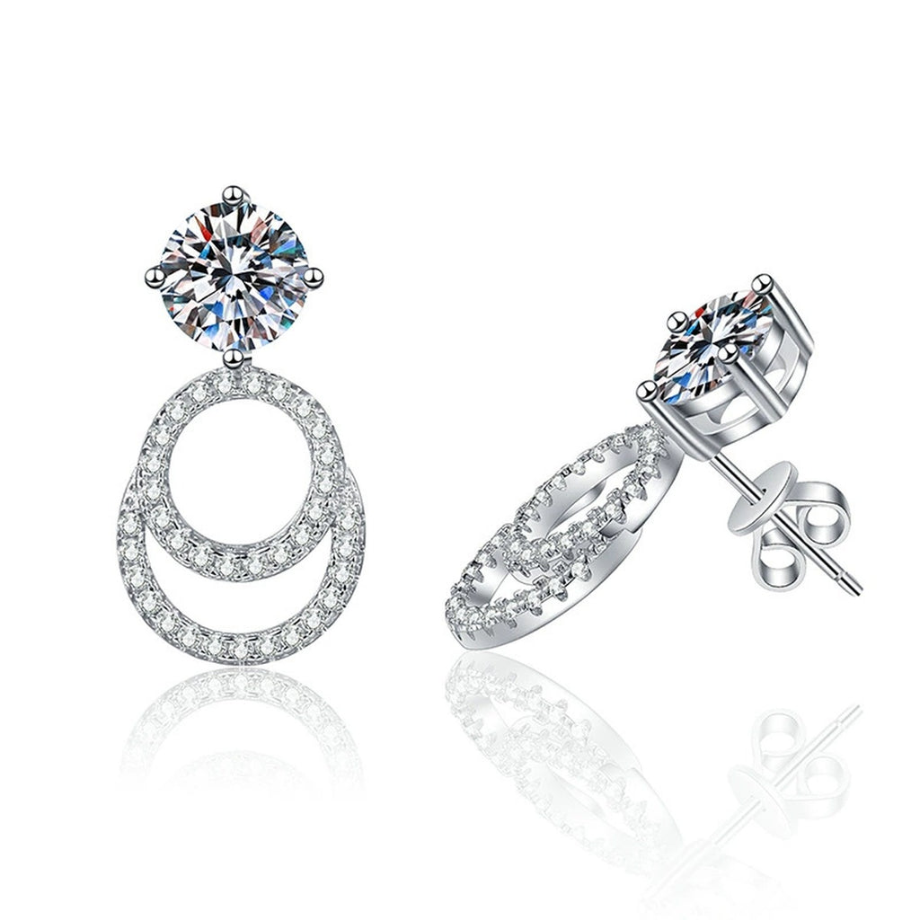 Round Moissanite Hoop Drop Earrings with CZ in White Gold-Plated S925 on clean white background showing round moissanite drops set below polished huggie hoops
