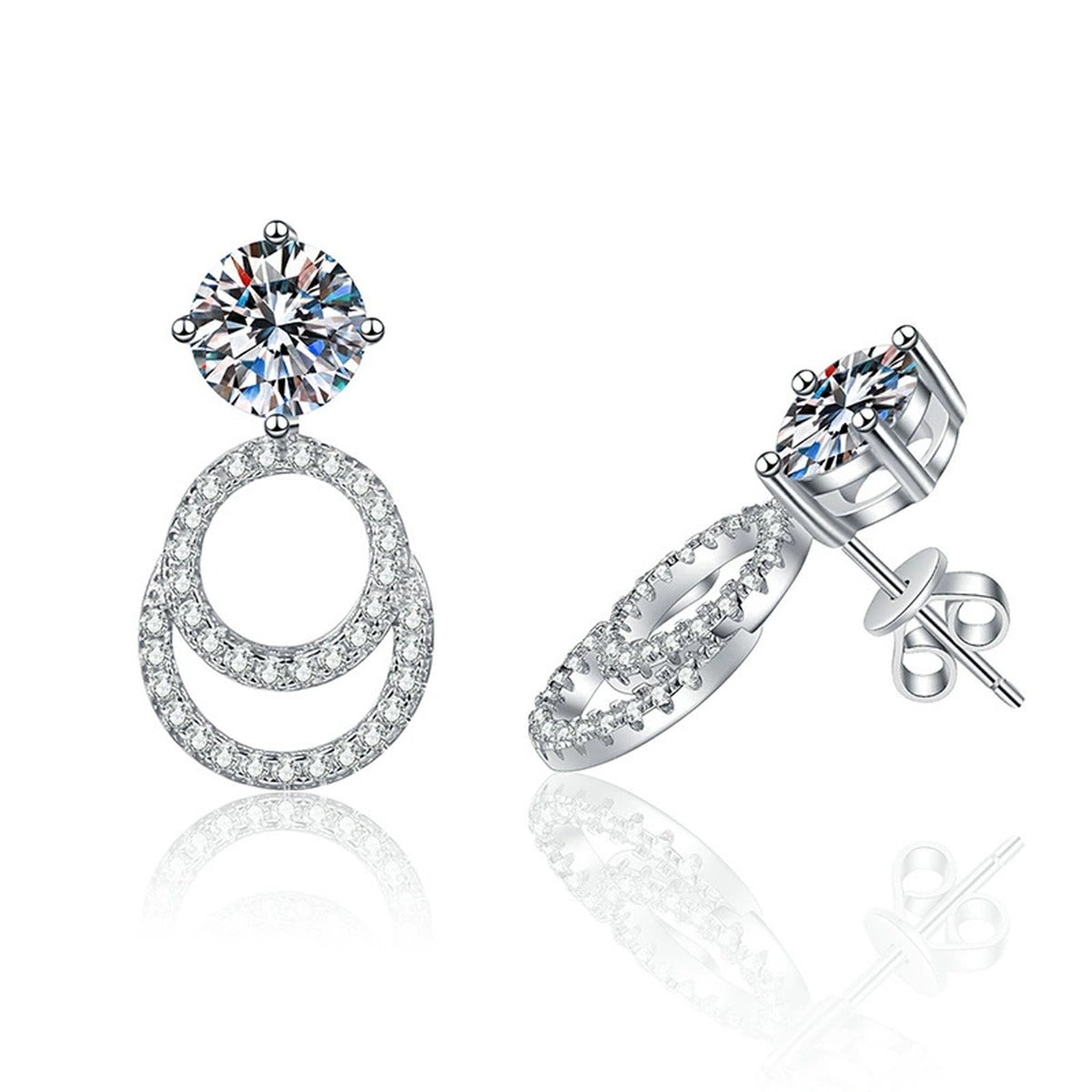 Round Moissanite Hoop Drop Earrings with CZ in White Gold-Plated S925 on clean white background showing round moissanite drops set below polished huggie hoops