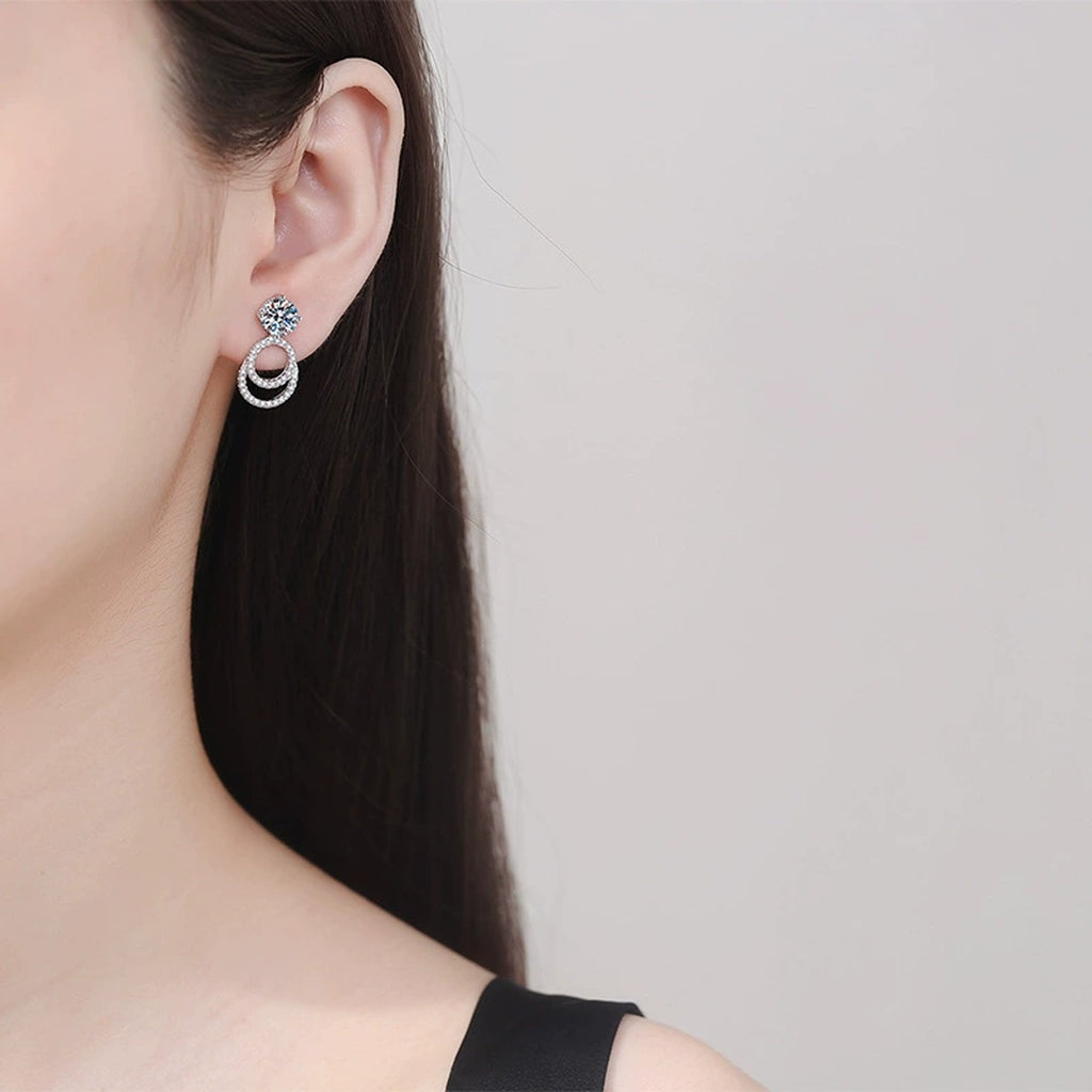 Round Moissanite Hoop Drop Earrings with CZ in White Gold-Plated S925 worn on ear by model