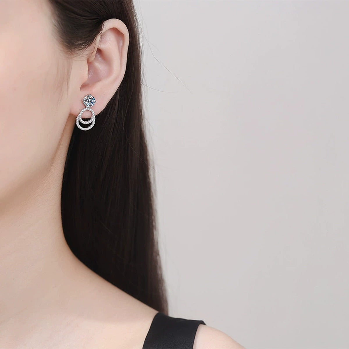 Round Moissanite Hoop Drop Earrings with CZ in White Gold-Plated S925 worn on ear by model