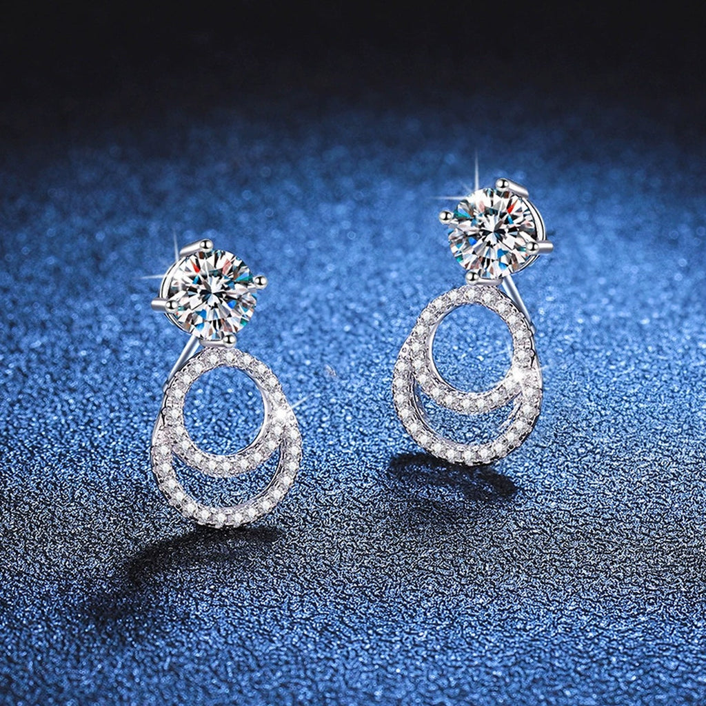 Round Moissanite Hoop Drop Earrings with CZ in White Gold-Plated S925 blue scene product view