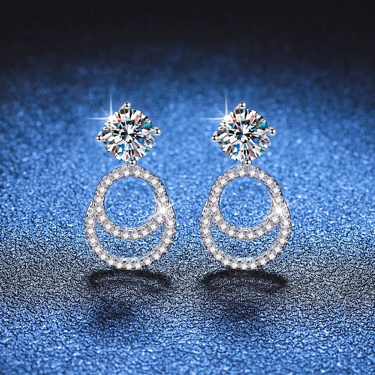 Round Moissanite Hoop Drop Earrings with CZ in White Gold-Plated S925 blue scene angled view