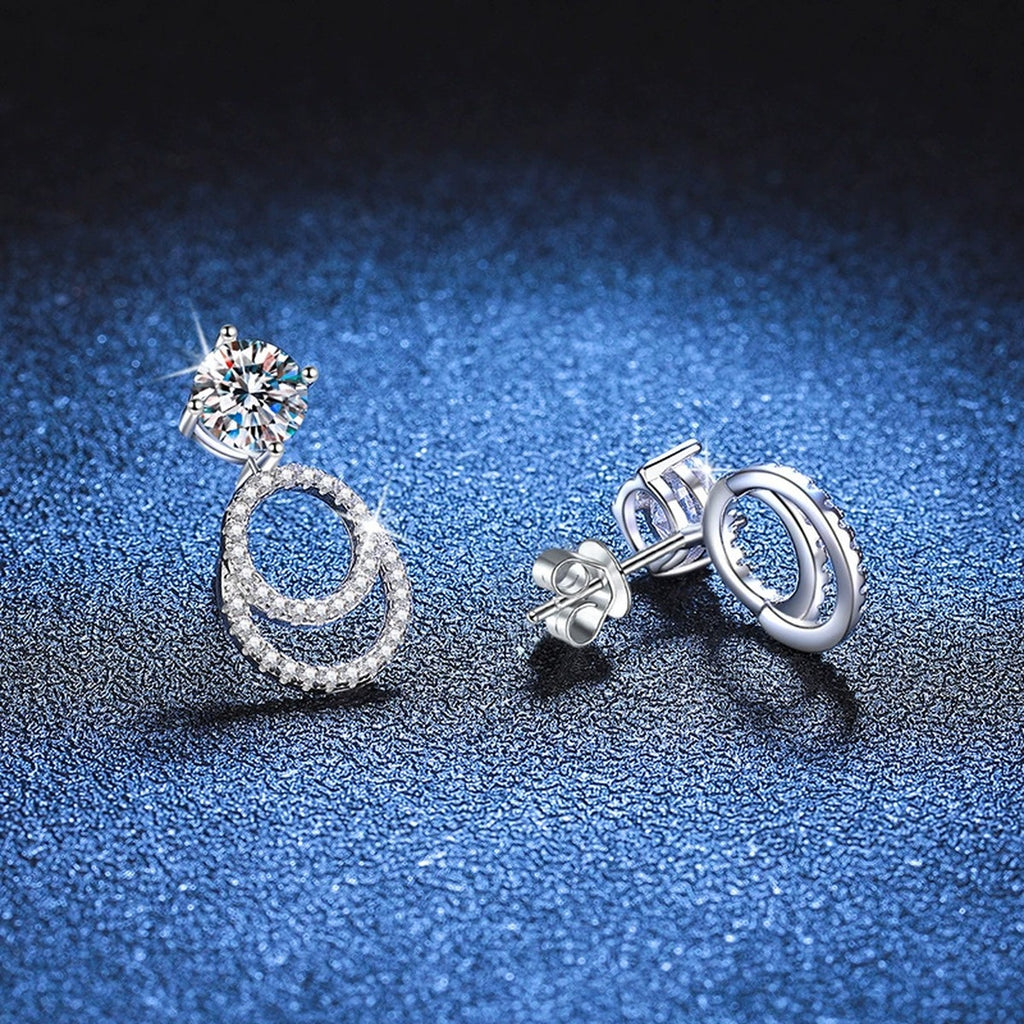 Round Moissanite Hoop Drop Earrings with CZ in White Gold-Plated S925 blue scene close-up view
