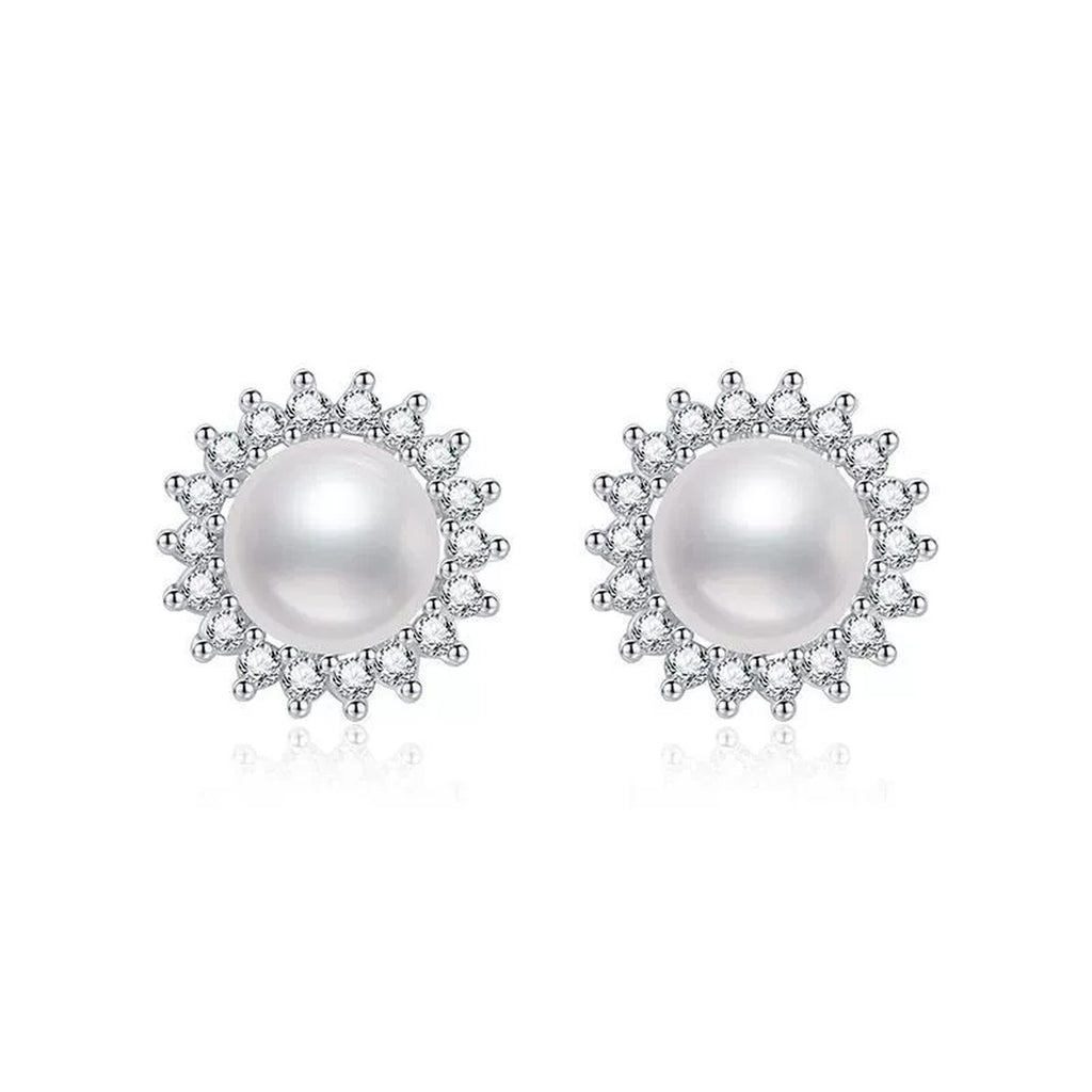 Halo Pearl Stud Earrings with CZ in White Gold-Plated S925 Sterling Silver on clean white background showing a round pearl stud framed by a scalloped halo
