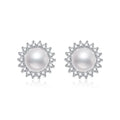 Halo Pearl Stud Earrings with CZ in White Gold-Plated S925 Sterling Silver on clean white background showing a round pearl stud framed by a scalloped halo