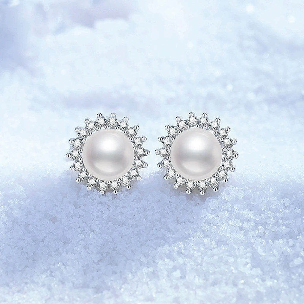 Halo Pearl Stud Earrings with CZ in White Gold-Plated S925 Sterling Silver blue scene product view