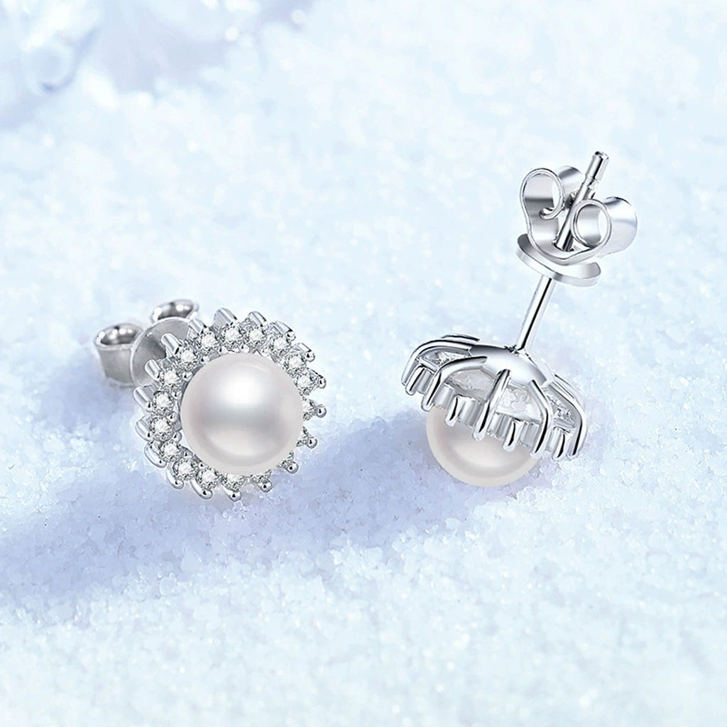 Halo Pearl Stud Earrings with CZ in White Gold-Plated S925 Sterling Silver close-up product detail view