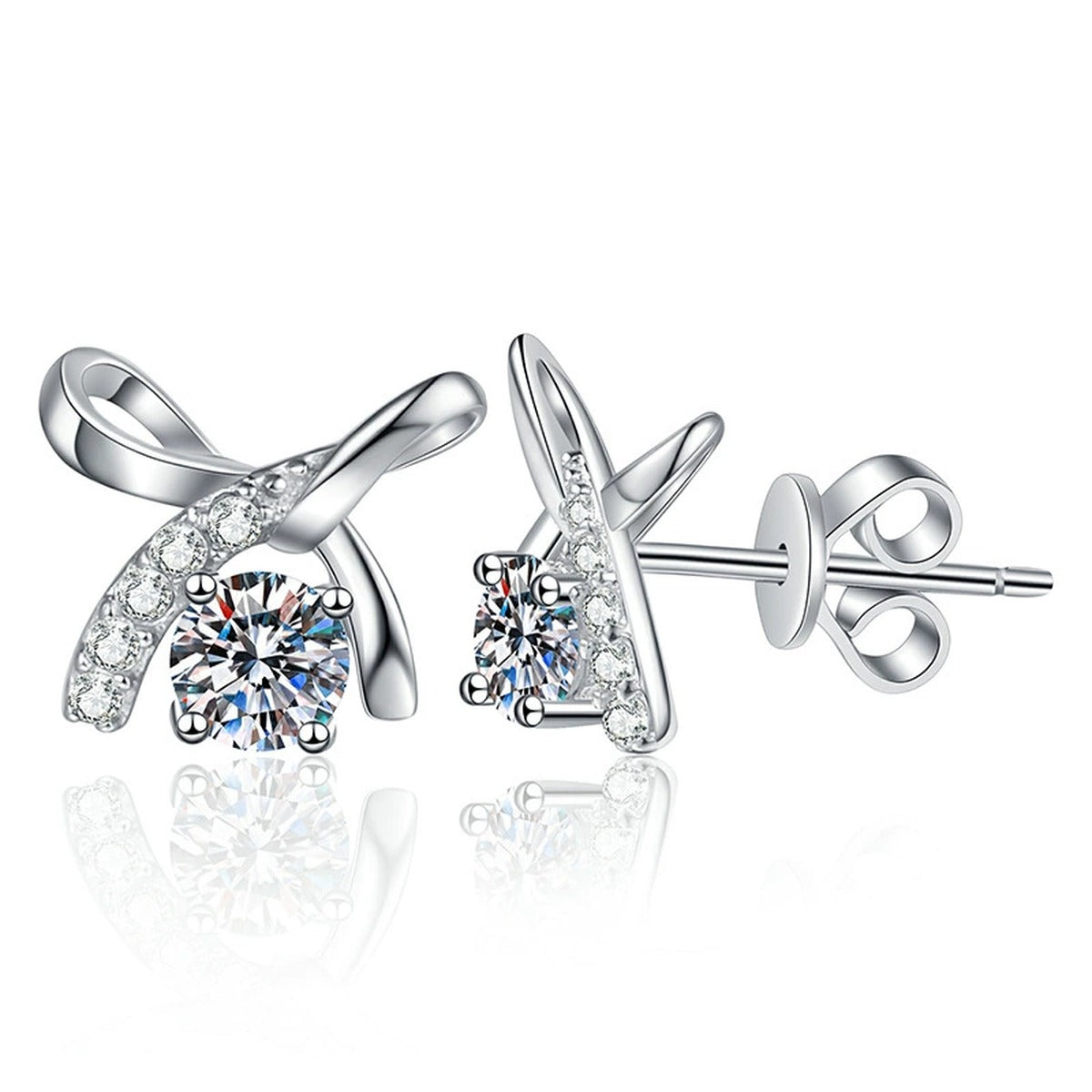 Butterfly Moissanite Stud Earrings with CZ in White Gold-Plated S925 on clean white background showing butterfly-inspired stud earrings with a petite round moissanite accent