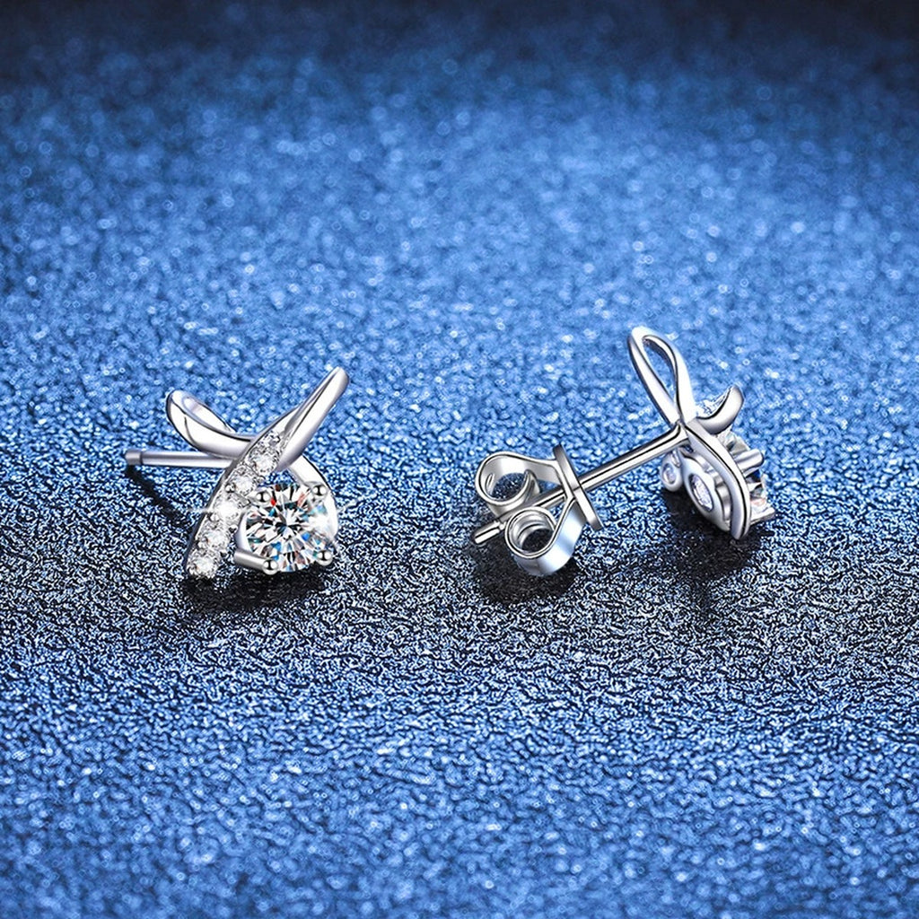 Butterfly Moissanite Stud Earrings with CZ in White Gold-Plated S925 blue scene product view