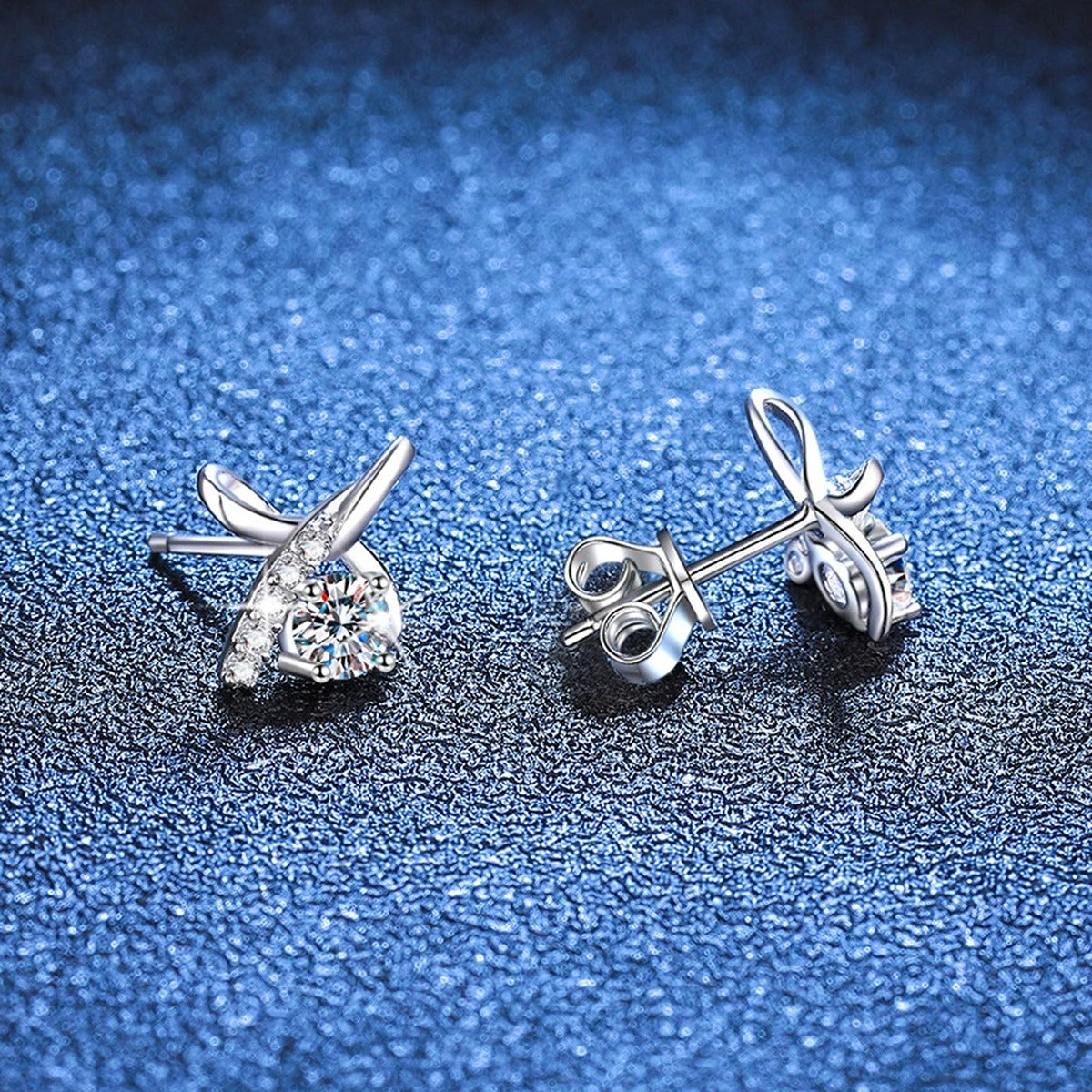 Butterfly Moissanite Stud Earrings with CZ in White Gold-Plated S925 blue scene product view