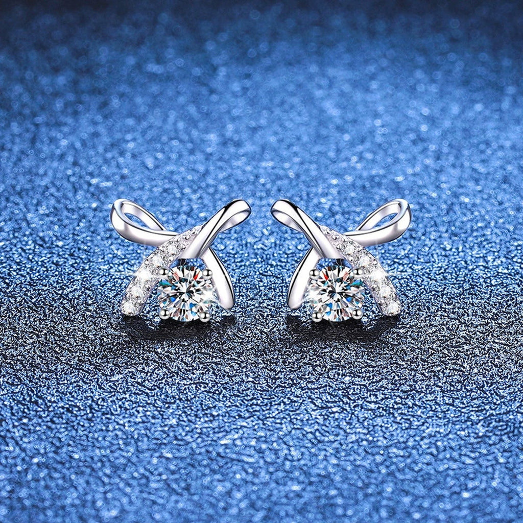 Butterfly Moissanite Stud Earrings with CZ in White Gold-Plated S925 blue scene angled view