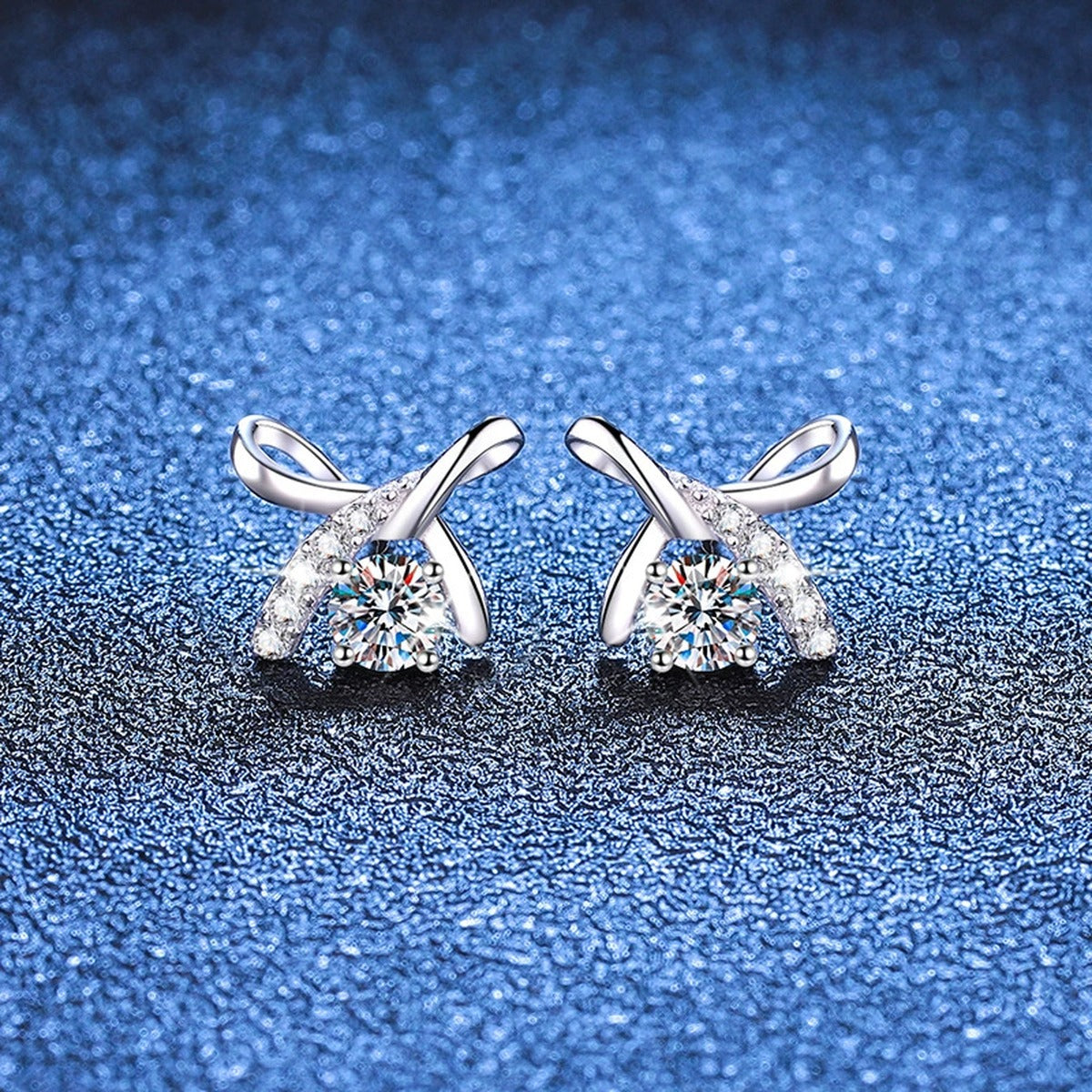 Butterfly Moissanite Stud Earrings with CZ in White Gold-Plated S925 blue scene angled view