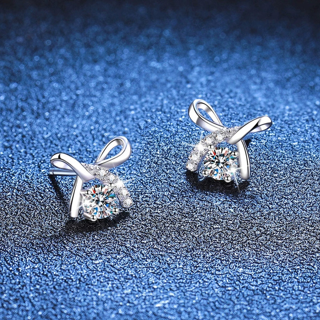 Butterfly Moissanite Stud Earrings with CZ in White Gold-Plated S925 blue scene close-up view