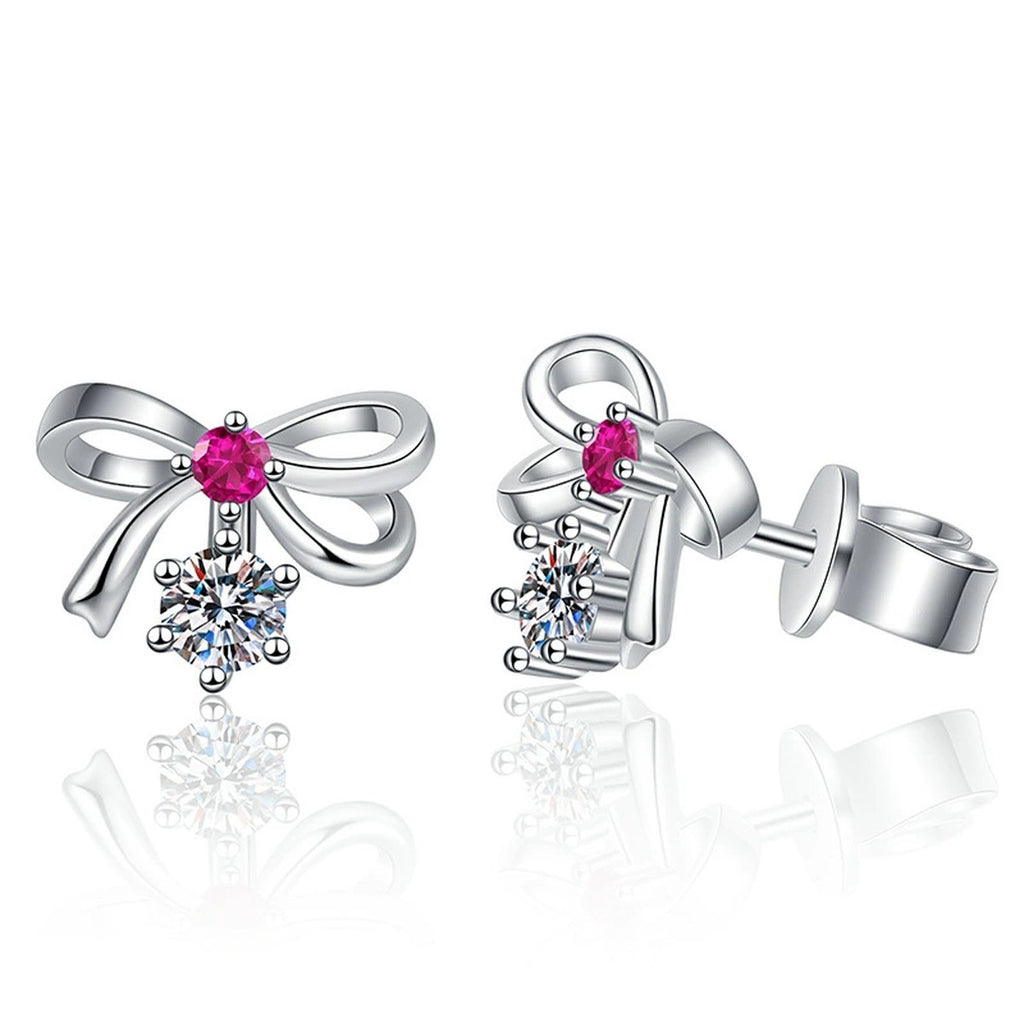 Pink CZ Moissanite Stud Earrings in White Gold-Plated S925 Silver on clean white background showing petite stud earrings with a round moissanite and pink CZ accents