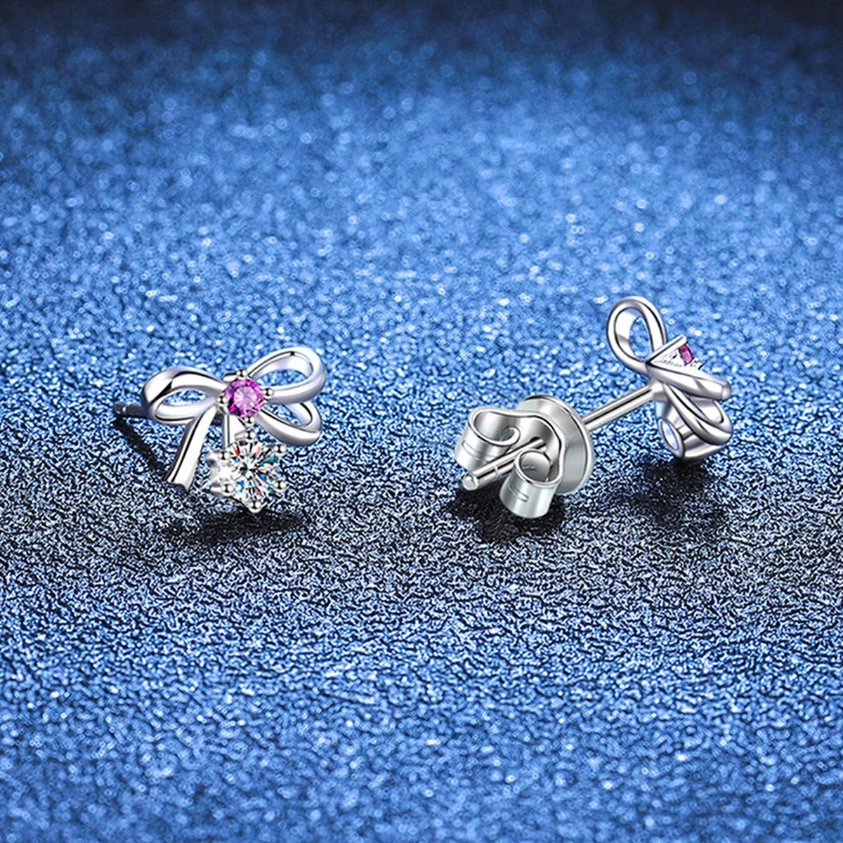 Pink CZ Moissanite Stud Earrings in White Gold-Plated S925 Silver blue scene product view