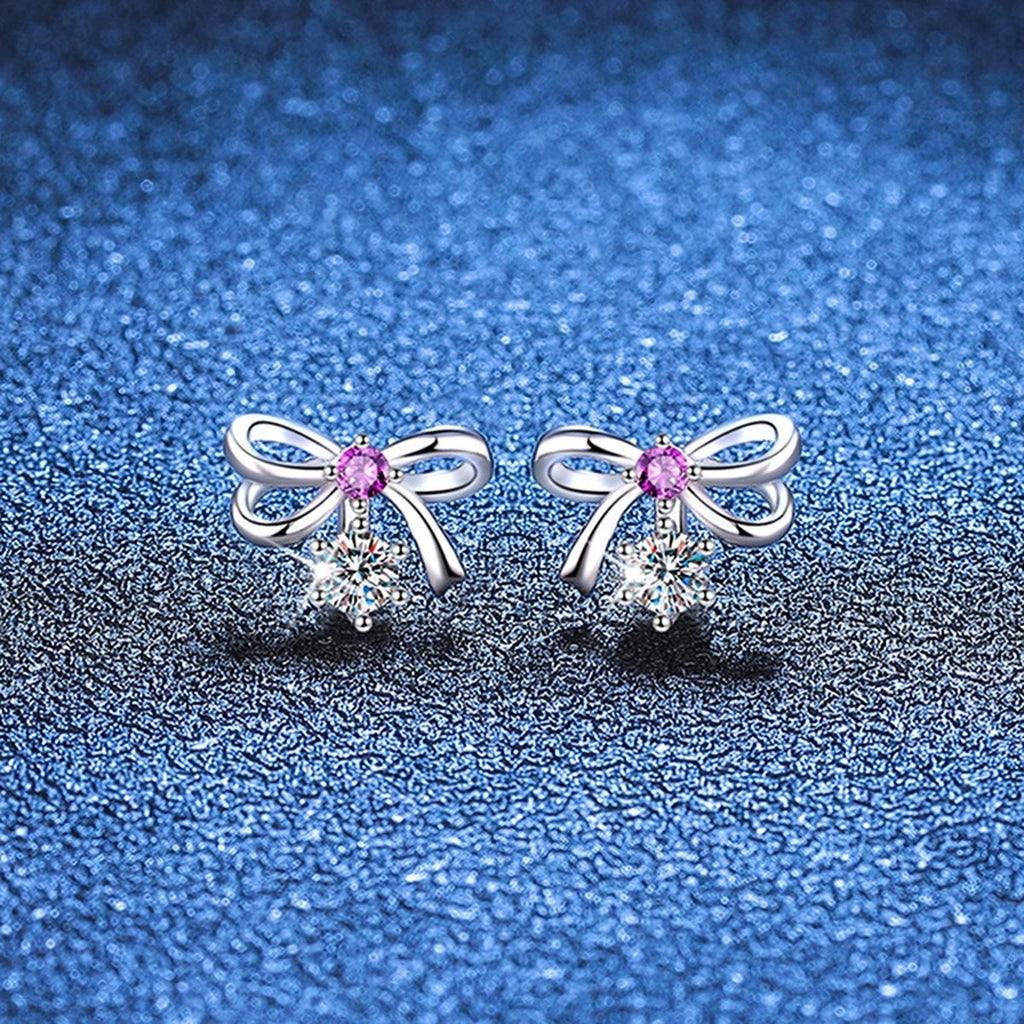 Pink CZ Moissanite Stud Earrings in White Gold-Plated S925 Silver blue scene close-up view