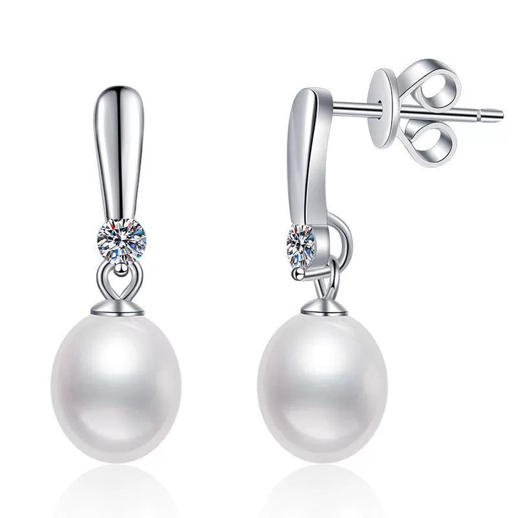 Slender Pearl Moissanite Hook Drop Earrings in White Gold-Plated S925 Sterling Silver on clean white background showing a slender hook drop earring with pearl and moissanite detail