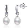 Slender Pearl Moissanite Hook Drop Earrings in White Gold-Plated S925 Sterling Silver on clean white background showing a slender hook drop earring with pearl and moissanite detail