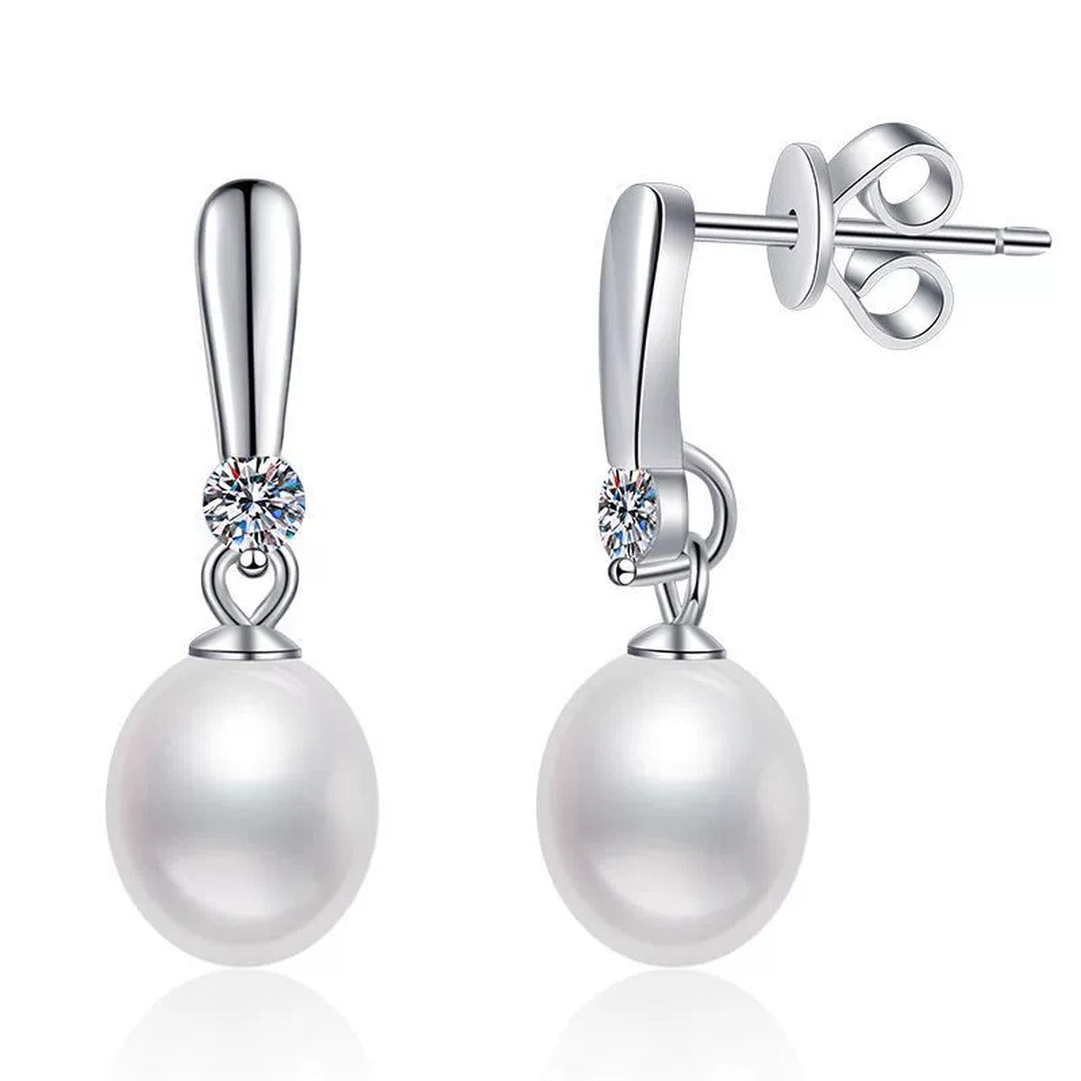 Slender Pearl Moissanite Hook Drop Earrings in White Gold-Plated S925 Sterling Silver on clean white background showing a slender hook drop earring with pearl and moissanite detail