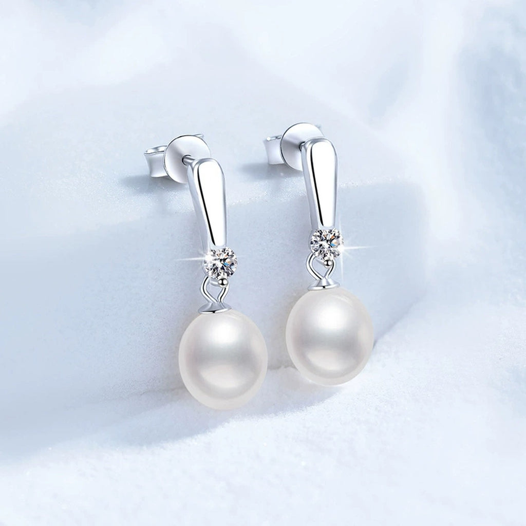 Slender Pearl Moissanite Hook Drop Earrings in White Gold-Plated S925 Sterling Silver blue scene product view