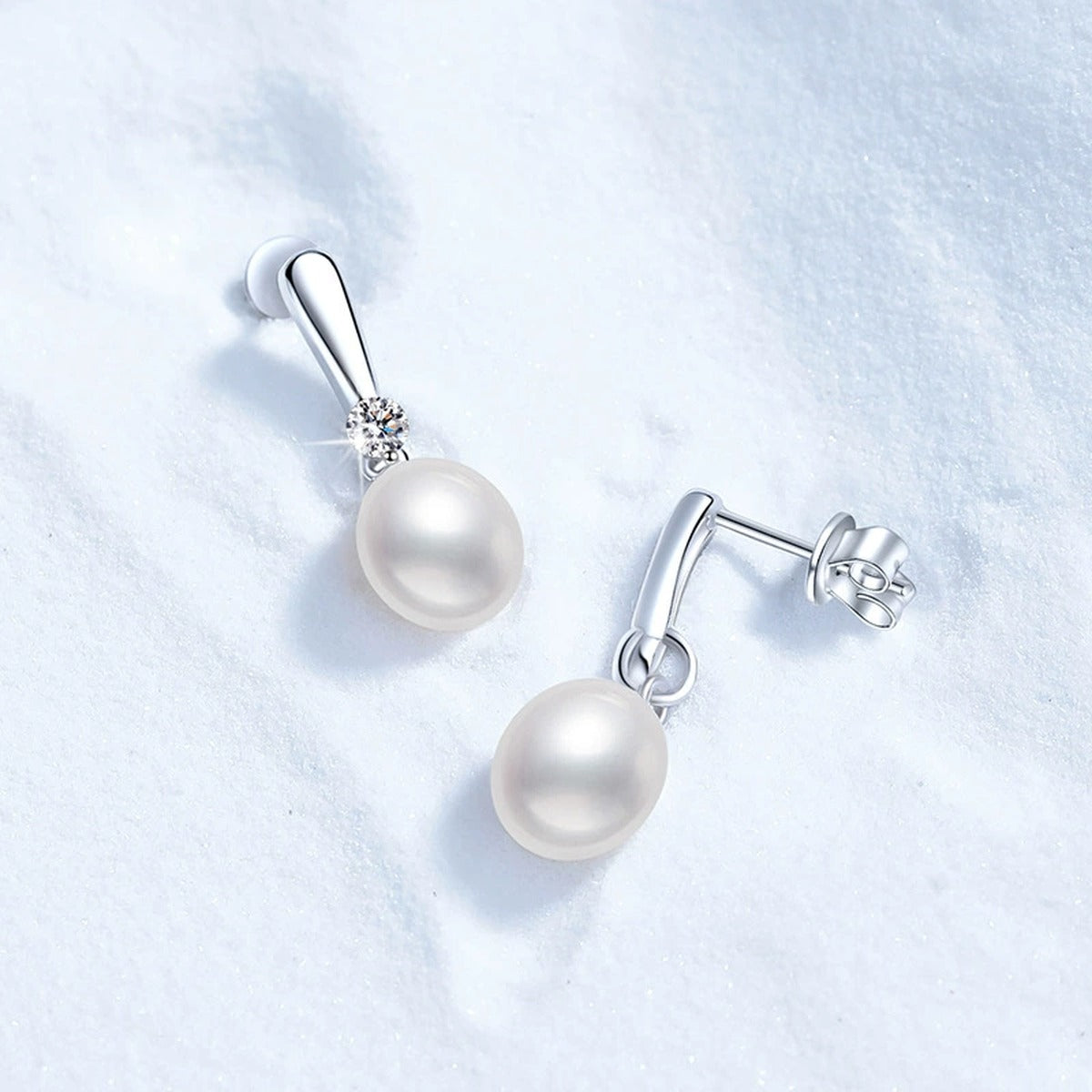 Slender Pearl Moissanite Hook Drop Earrings in White Gold-Plated S925 Sterling Silver close-up product detail view